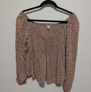 American Eagle Outfitters Rose Floral Long-Sleeve Smocked Peasant Top